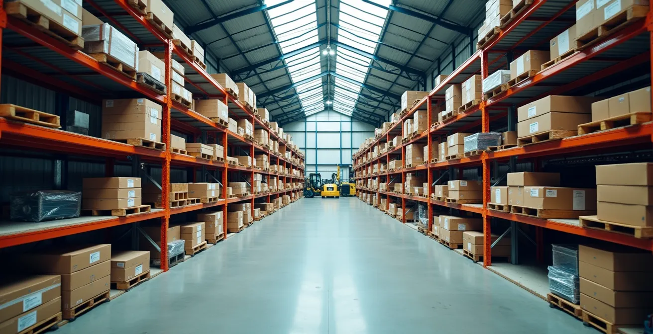 Vue d'ensemble d'un espace de stockage industriel pour équipements de protection