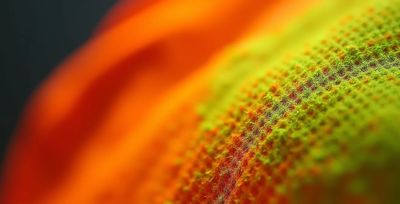 Texture détaillée d'un tissu fluorescent haute visibilité après usage intensif