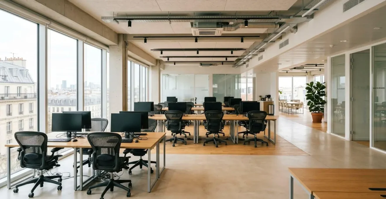 Vue grand angle d'un espace de travail moderne et lumineux avec plusieurs chaises ergonomiques installées aux bureaux dans un open space européen vide