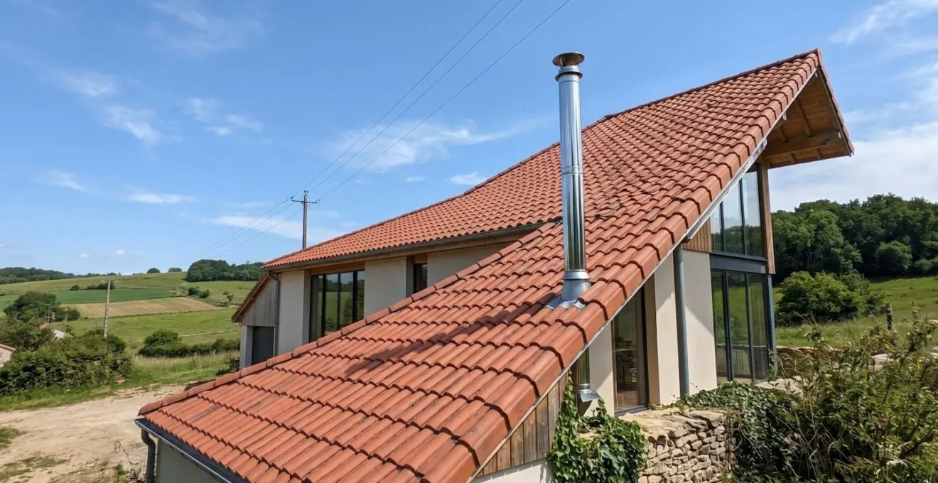 Vue en contre-plongée d'un conduit de cheminée en inox dépassant du faîtage d'une toiture en tuiles rouges sur une maison de campagne française moderne
