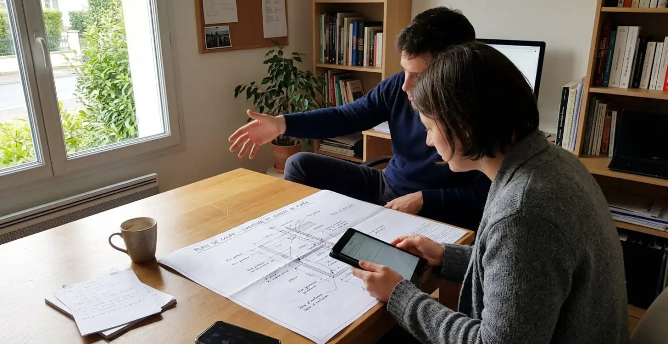 Deux personnes dans un bureau consultant ensemble un plan de conduit de fumée pour estimer les travaux de tubage nécessaires