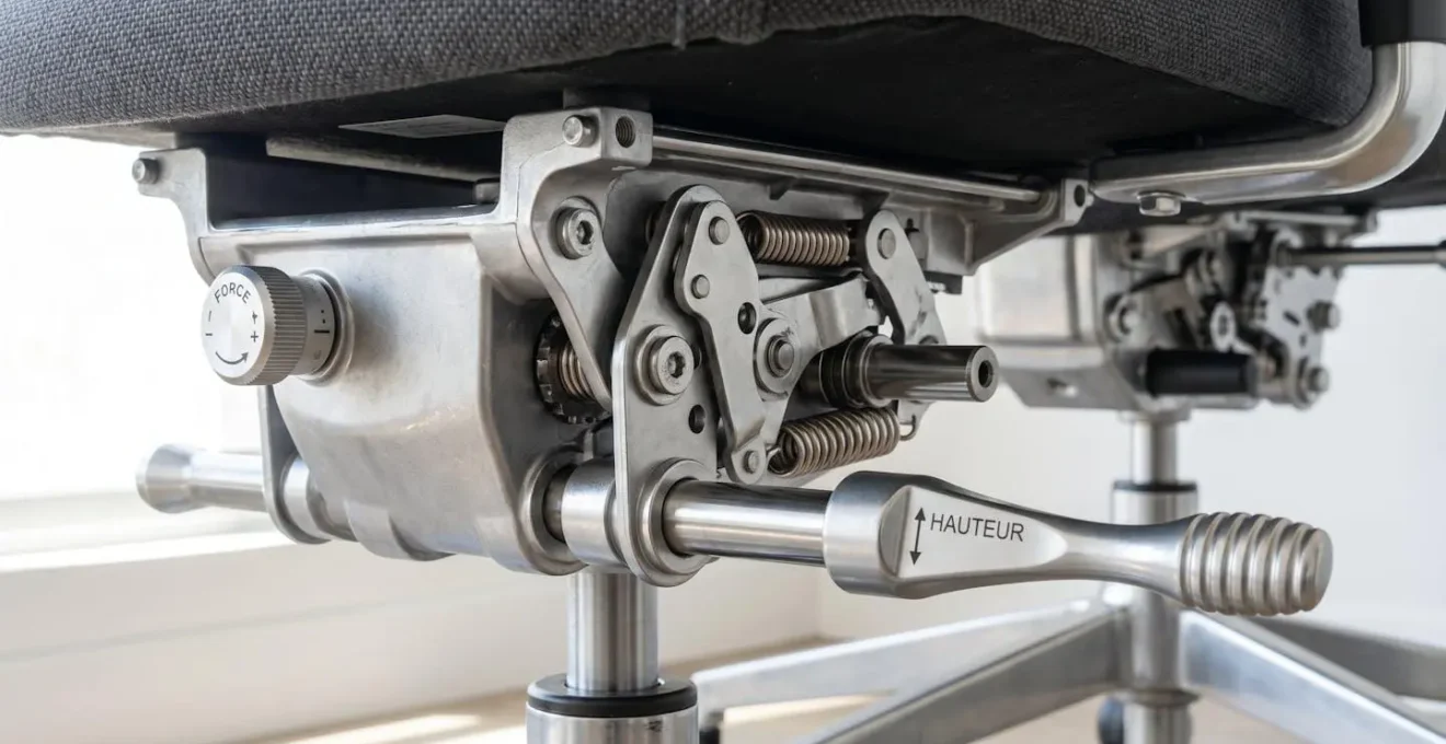 Gros plan sur le mécanisme synchrone sous une assise de chaise de bureau, avec détails des pièces métalliques et du levier de réglage visibles