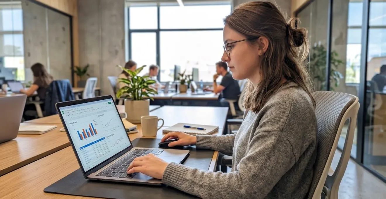 Une femme travaille à son bureau dans une posture détendue, vue de profil dans un environnement de travail moderne et lumineux
