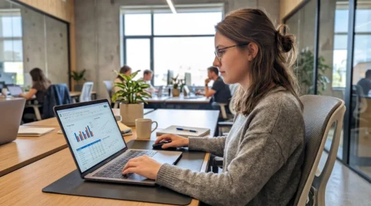 Une femme travaille à son bureau dans une posture détendue, vue de profil dans un environnement de travail moderne et lumineux