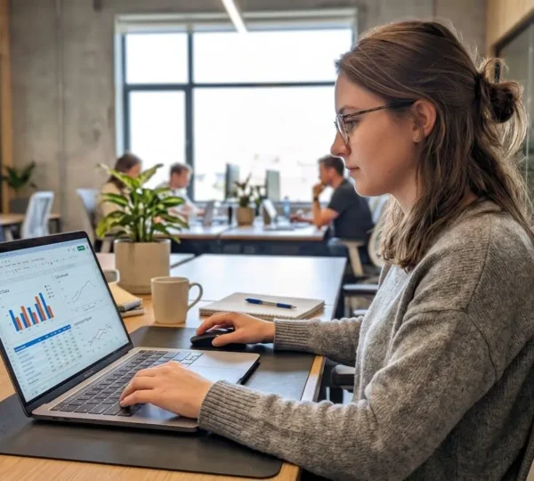 Une femme travaille à son bureau dans une posture détendue, vue de profil dans un environnement de travail moderne et lumineux