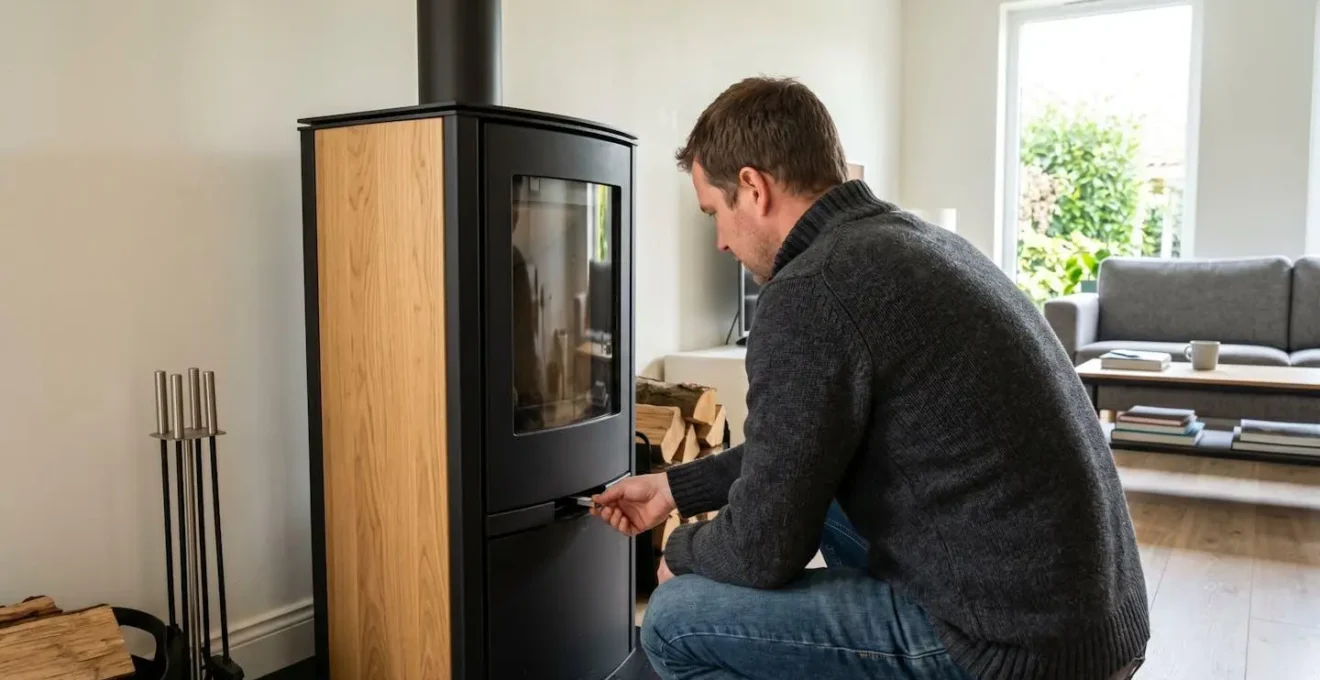 Vue par-dessus l'épaule d'une personne accroupie devant un poêle à bois contemporain, ajustant le levier d'arrivée d'air sur la façade de l'appareil dans un salon moderne