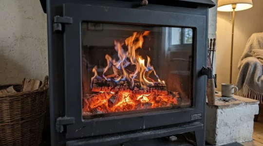 Gros plan sur la vitre d'un poêle à bois moderne montrant des braises incandescentes orangées et une flamme bleue à travers une surface transparente