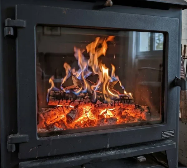 Gros plan sur la vitre d'un poêle à bois moderne montrant des braises incandescentes orangées et une flamme bleue à travers une surface transparente