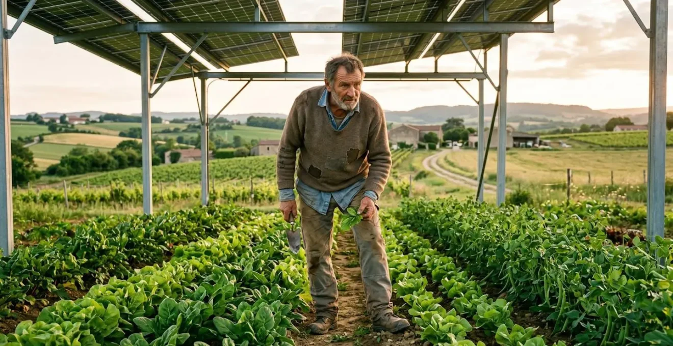 Agriculteur observant des panneaux solaires surélevés installés au-dessus d'une culture maraîchère
