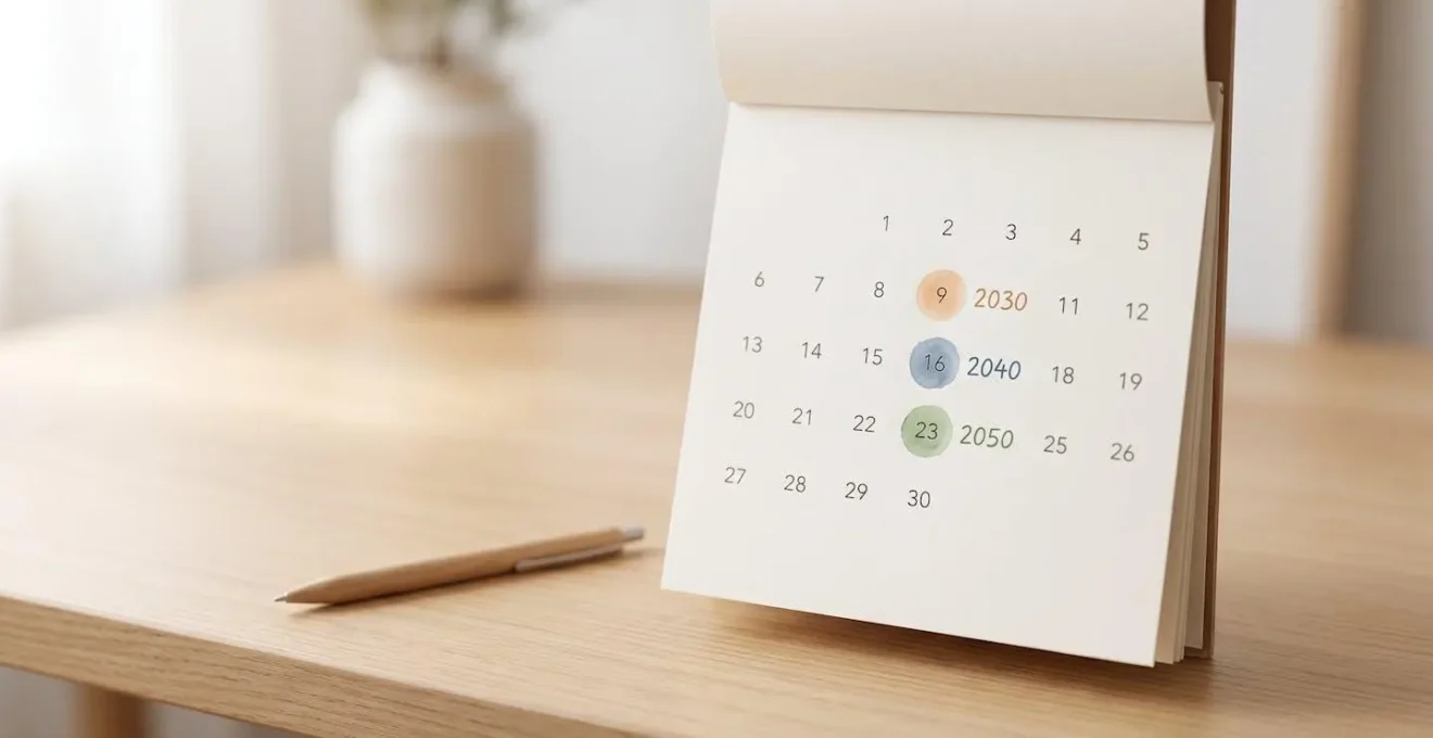Calendrier illustrant les trois échéances du décret tertiaire : 2030, 2040 et 2050.
