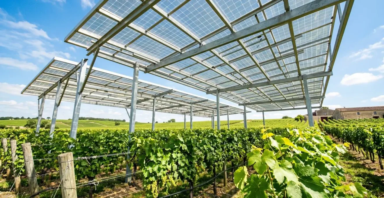 Vue en contre-plongée de panneaux agrivoltaïques semi-transparents laissant filtrer la lumière sur des rangs de vignes