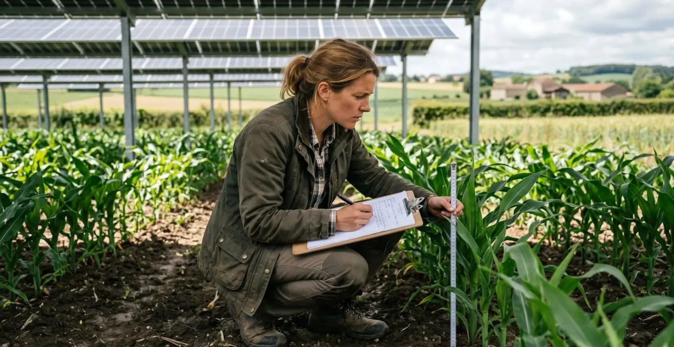 Agronome prenant des mesures de croissance sur des plants sous une installation agrivoltaïque en champ ouvert