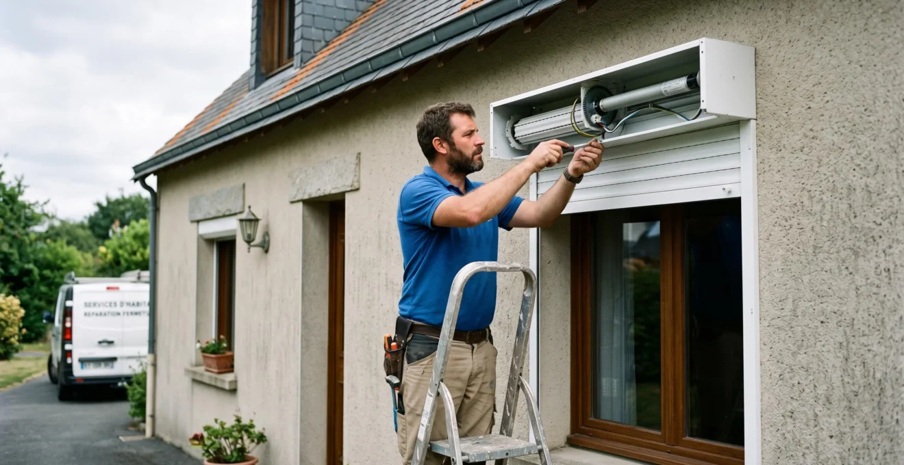Artisan menuisier réglant les fins de course d'un volet roulant motorisé blanc nouvellement installé sur la façade d'un pavillon individuel à Cholet