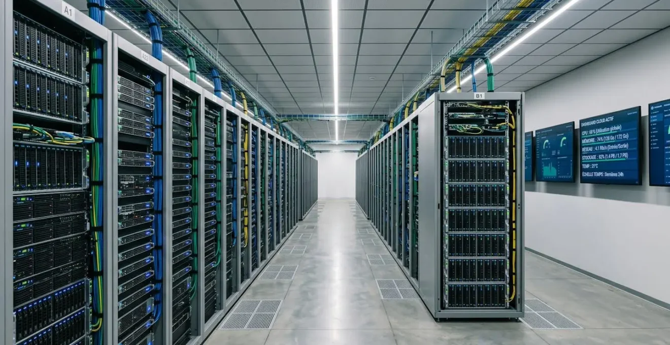 Datacenter professionnel moderne avec rangées de serveurs cloud actifs, câblage structuré et écrans de monitoring affichant métriques système en temps réel