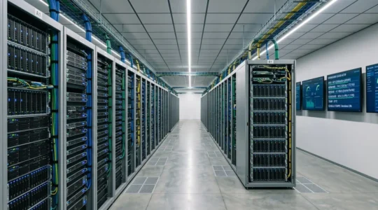 Datacenter professionnel moderne avec rangées de serveurs cloud actifs, câblage structuré et écrans de monitoring affichant métriques système en temps réel