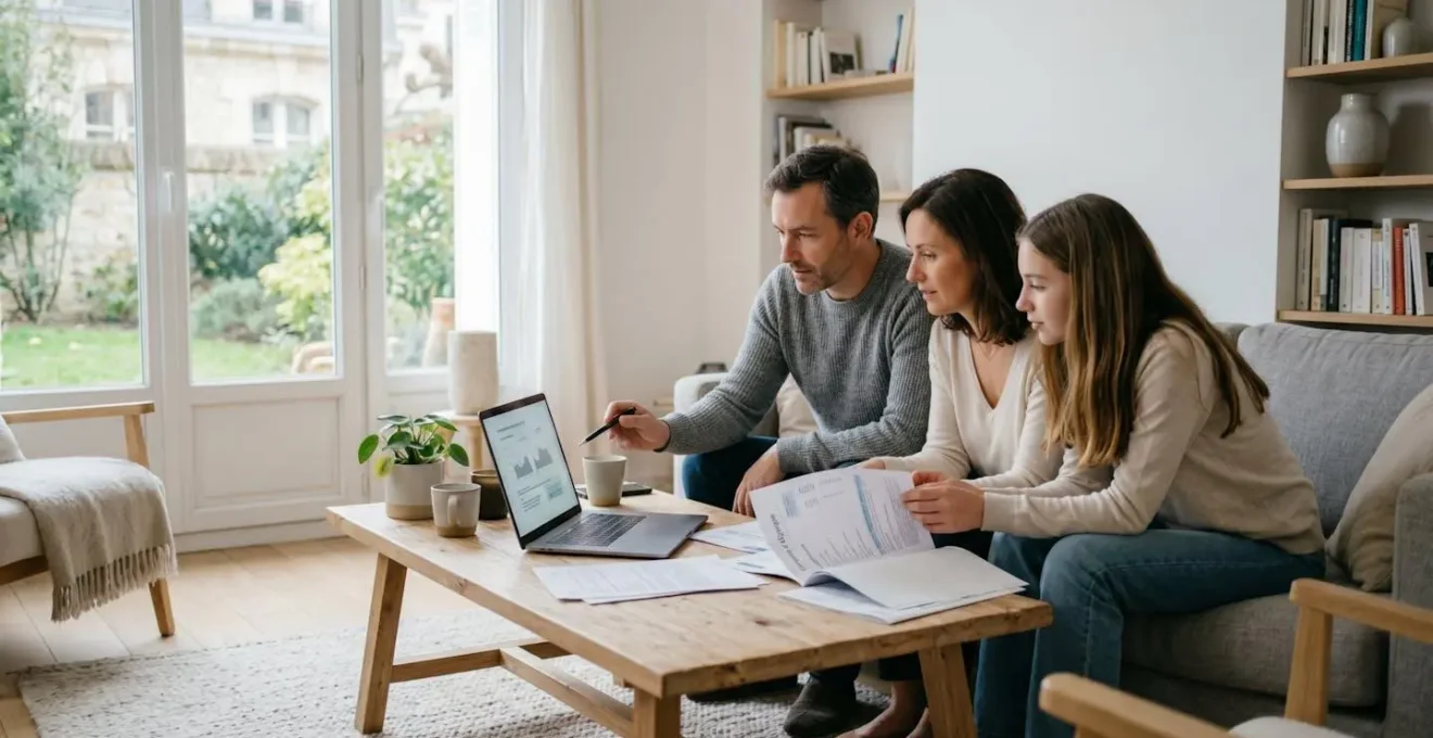 Famille française dans leur salon consultant des documents bancaires pour gérer leur épargne