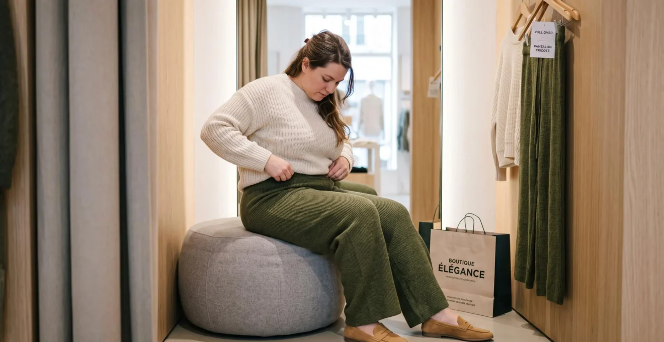 Femme assise en cabine d'essayage testant le confort d'un pantalon en maille en position assise, regard dirigé vers le vêtement