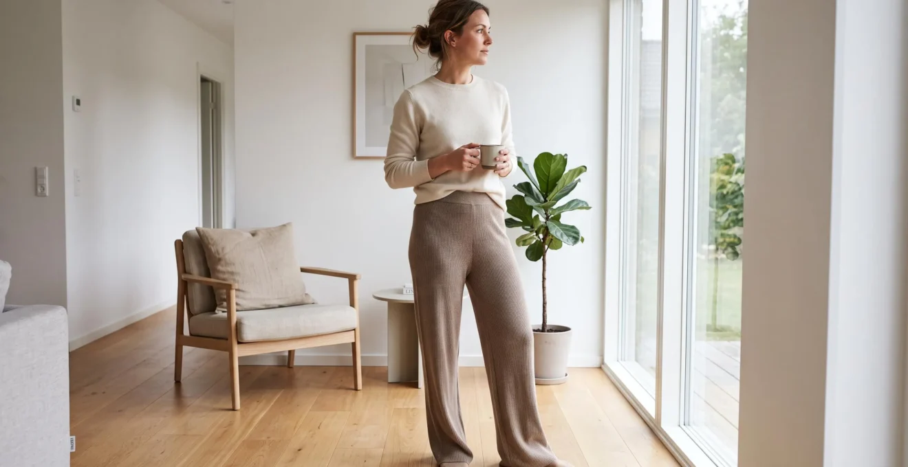 Femme portant un pantalon en maille beige coupe droite taille haute dans un intérieur contemporain lumineux avec fenêtre et mobilier scandinave
