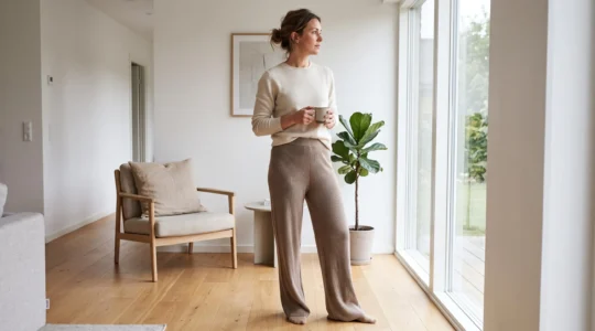 Femme portant un pantalon en maille beige coupe droite taille haute dans un intérieur contemporain lumineux avec fenêtre et mobilier scandinave