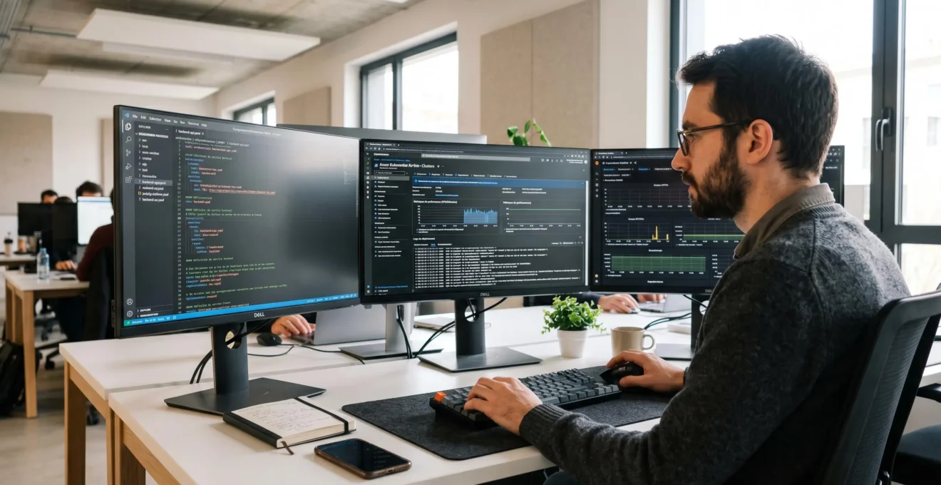 Ingénieur IT configurant une plateforme cloud sur écrans multiples affichant dashboards de déploiement et métriques en temps réel