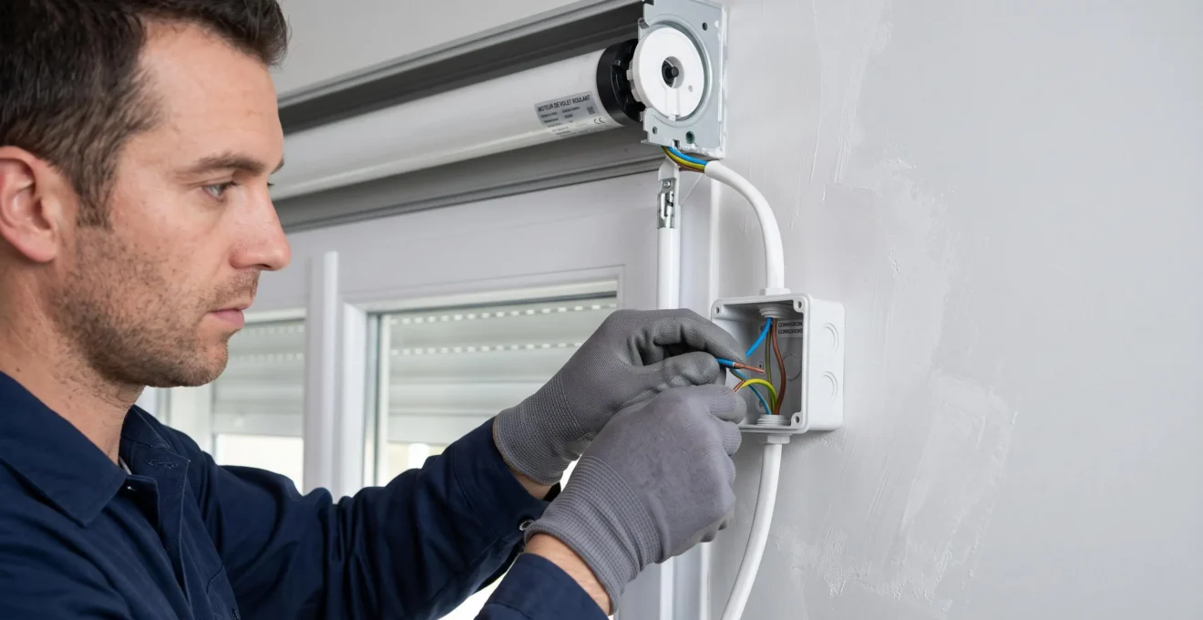 Mains d'un technicien raccordant les câbles électriques d'un moteur tubulaire blanc de volet roulant à un boîtier de connexion mural conforme aux normes