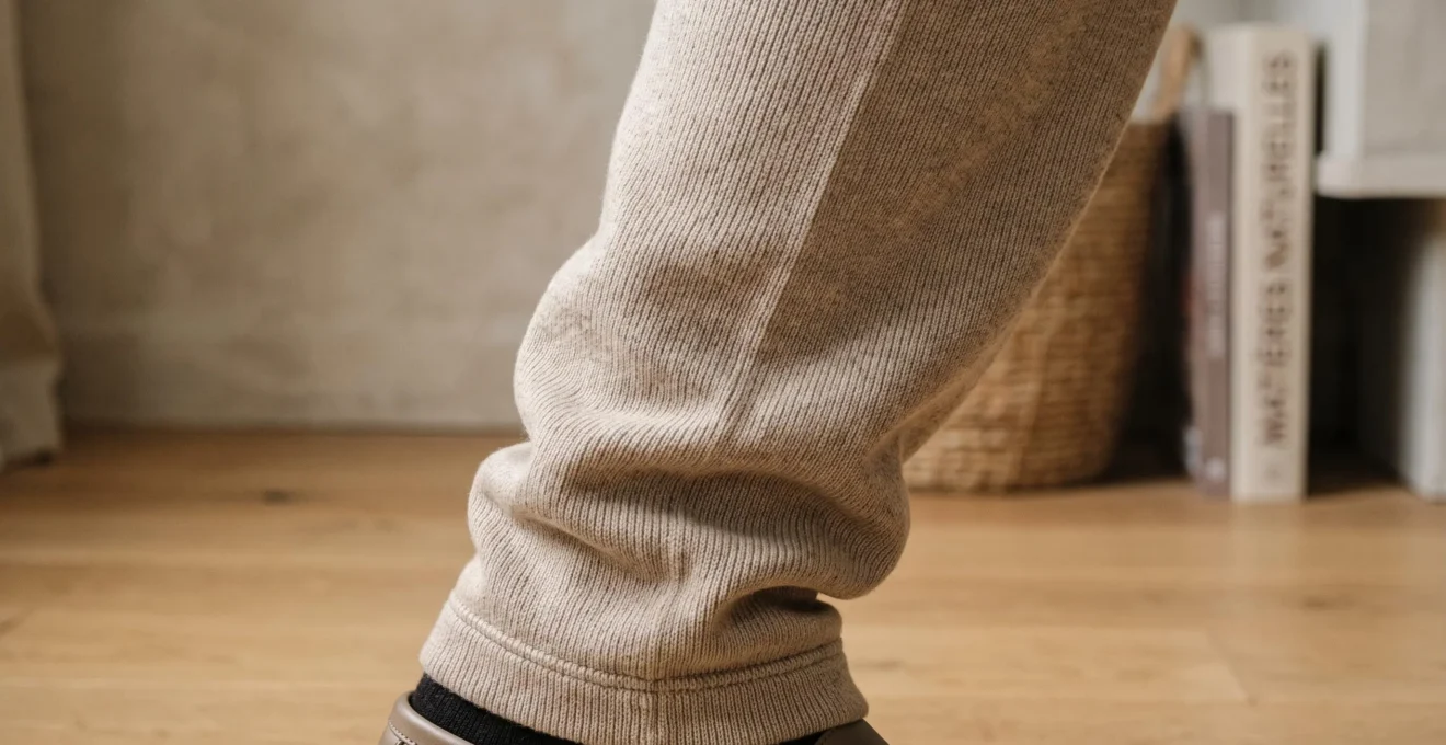 Gros plan sur la texture tricotée et les plis fluides d'un pantalon en maille montrant l'élasticité et le tombé drapé du tissu