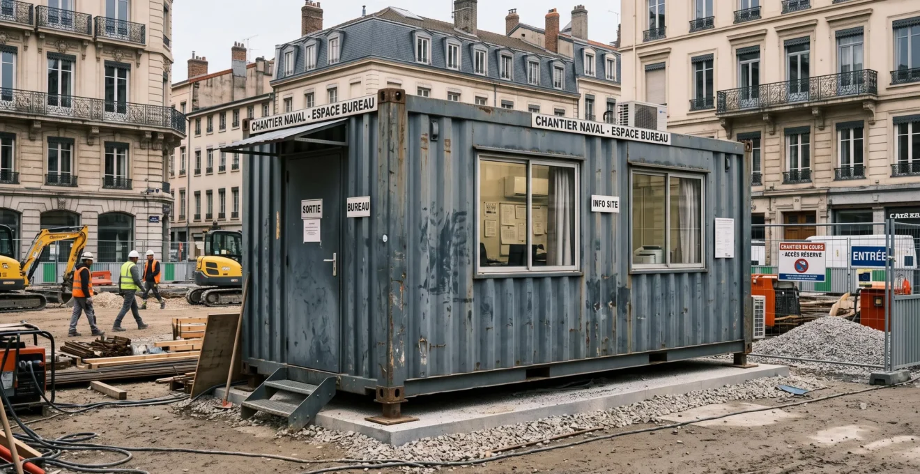 Conteneur maritime aménagé installé sur un terrain de construction urbain en France.