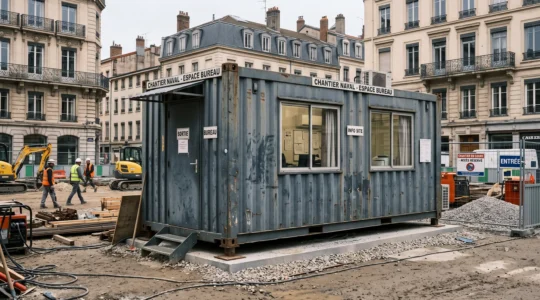 Conteneur maritime aménagé installé sur un terrain de construction urbain en France.