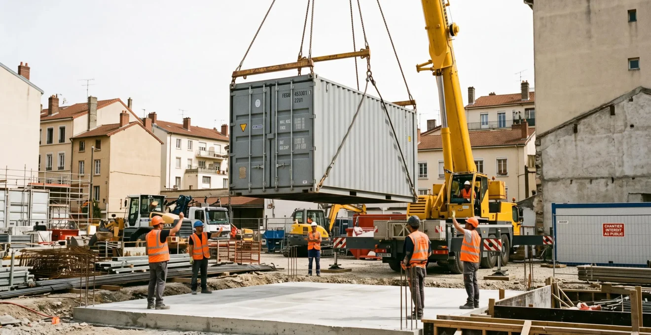 Grue de chantier levant un conteneur maritime lors d'une opération d'installation sur un site de construction urbain.