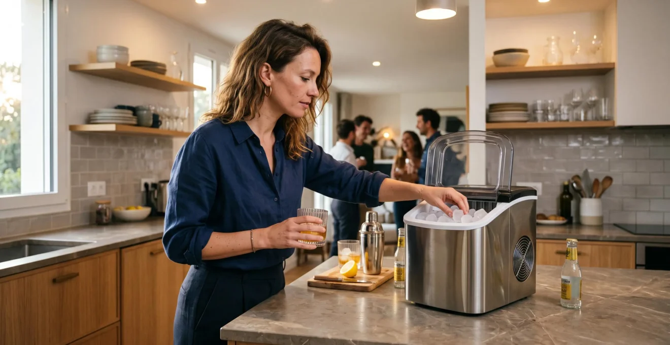 Hôte utilisant une machine à glaçons de comptoir dans une cuisine moderne pendant une réception à domicile