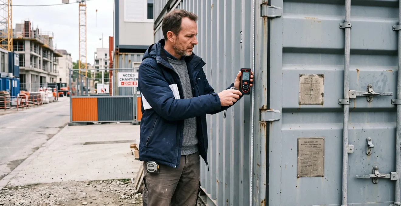 Professionnel du bâtiment mesurant les dimensions d'un conteneur aménagé installé sur un site de construction.
