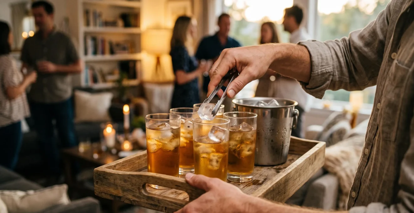 Service de boissons avec glaçons frais lors d'une réception à domicile, main ajoutant des glaçons dans des verres