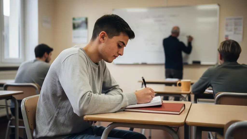 Un apprenti prend des notes dans son cahier pendant un cours dans une salle de formation du centre de formation d'apprentis.