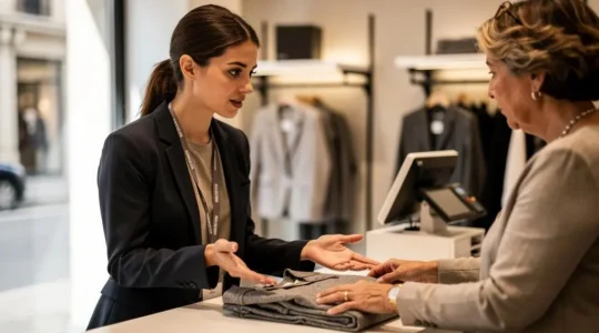 Une jeune vendeuse en alternance conseille une cliente au comptoir d'un magasin de prêt-à-porter en France.
