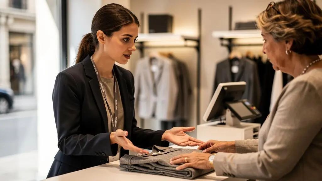 Une jeune vendeuse en alternance conseille une cliente au comptoir d'un magasin de prêt-à-porter en France.